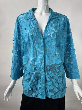 Sheer Floral Textured Button-Front Shirt In Vibrant Blue With 3/4 Sleeves Multip